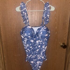 Blue and White Paisley One-Piece Swimsuit with Ruffled Straps